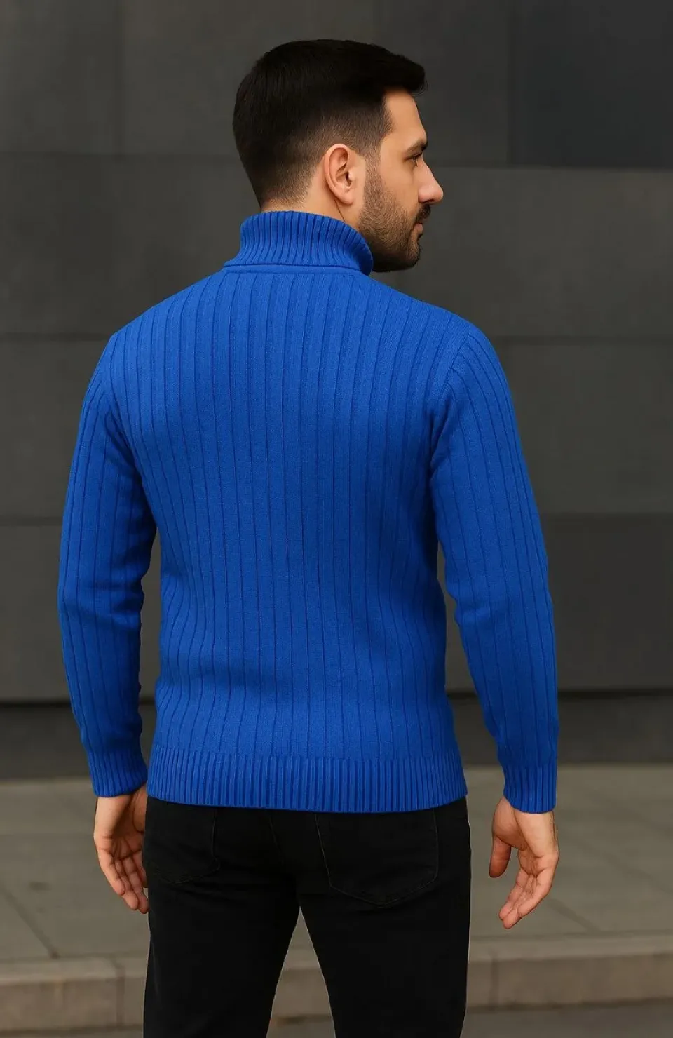 Erkek Balıkcı Yaka Bağazlı Triko Kazak Pamuklu Kalın Fitilli Dokuma, Regular Fit Uzun Kollu Kışlık Model - Saks Mavisi