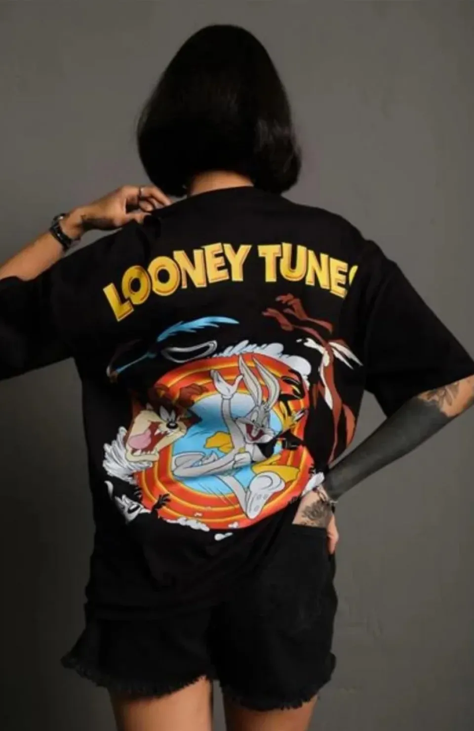 Unisex Bisiklet Yaka Baskılı Oversize T-Shirt - Siyah