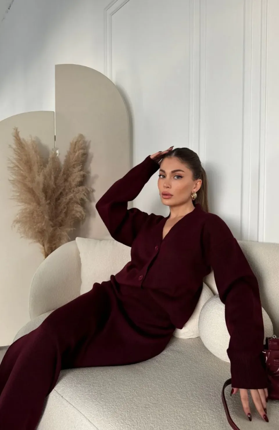 V Yaka 3 Düğmeli Hırka Takım Triko İkili Etekli - Bordo