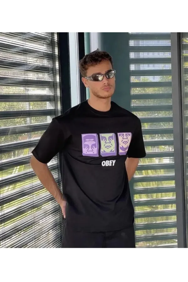 Unisex Bisiklet Yaka Baskılı Oversize T-Shirt - Siyah