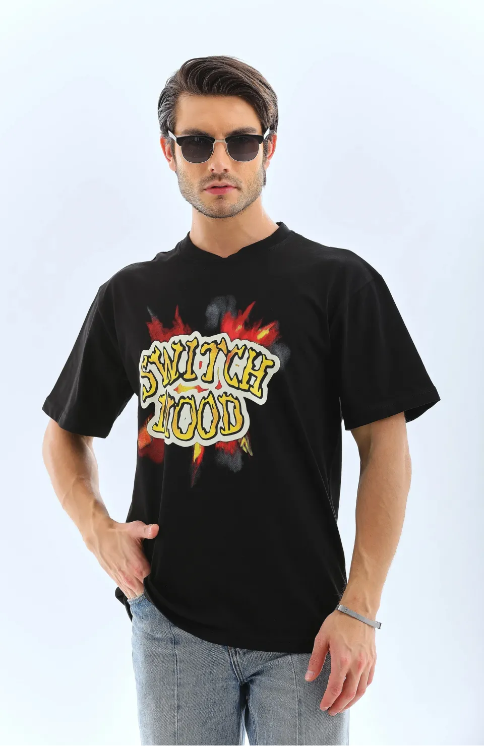 Unisex Oversize Baskılı Bisiklet Yaka T-Shirt - Siyah