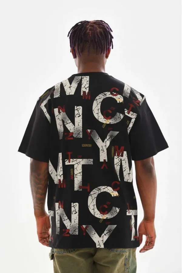 Unisex Baskılı Oversize T-Shirt - Siyah