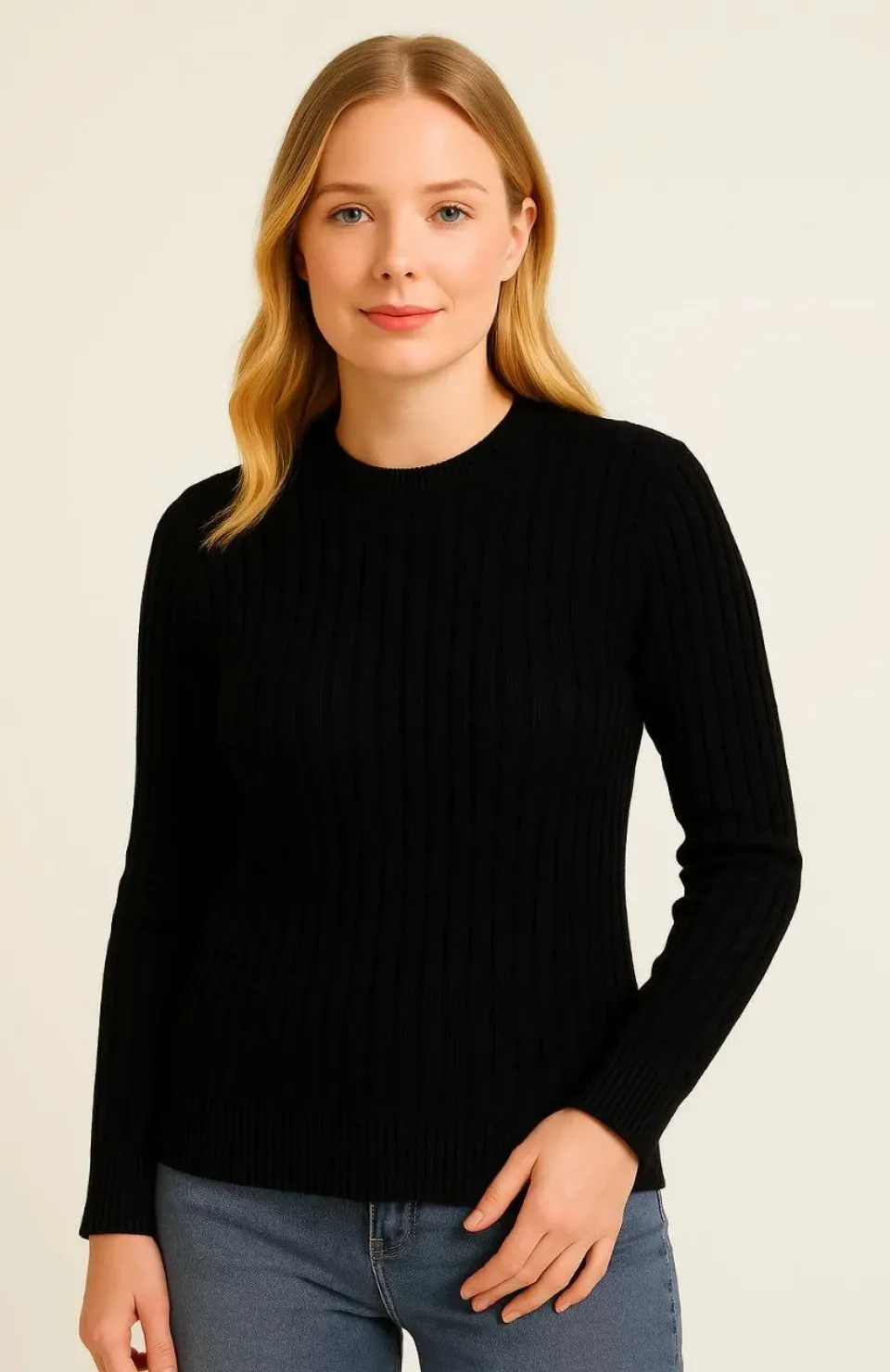 Kadın Bisiklet Yuvarlak Yaka Triko Kazak Pamuklu Kalın Fitilli Dokuma, Regular Fit Uzun Kollu Kışlık Model - Siyah