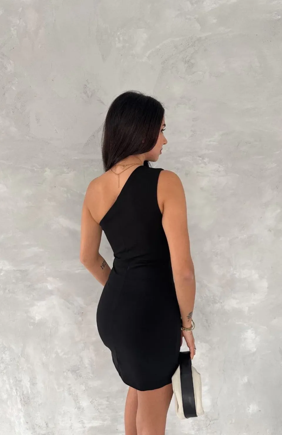 Tek Omuzlu Kolsuz Mini Boy Elbise - Siyah