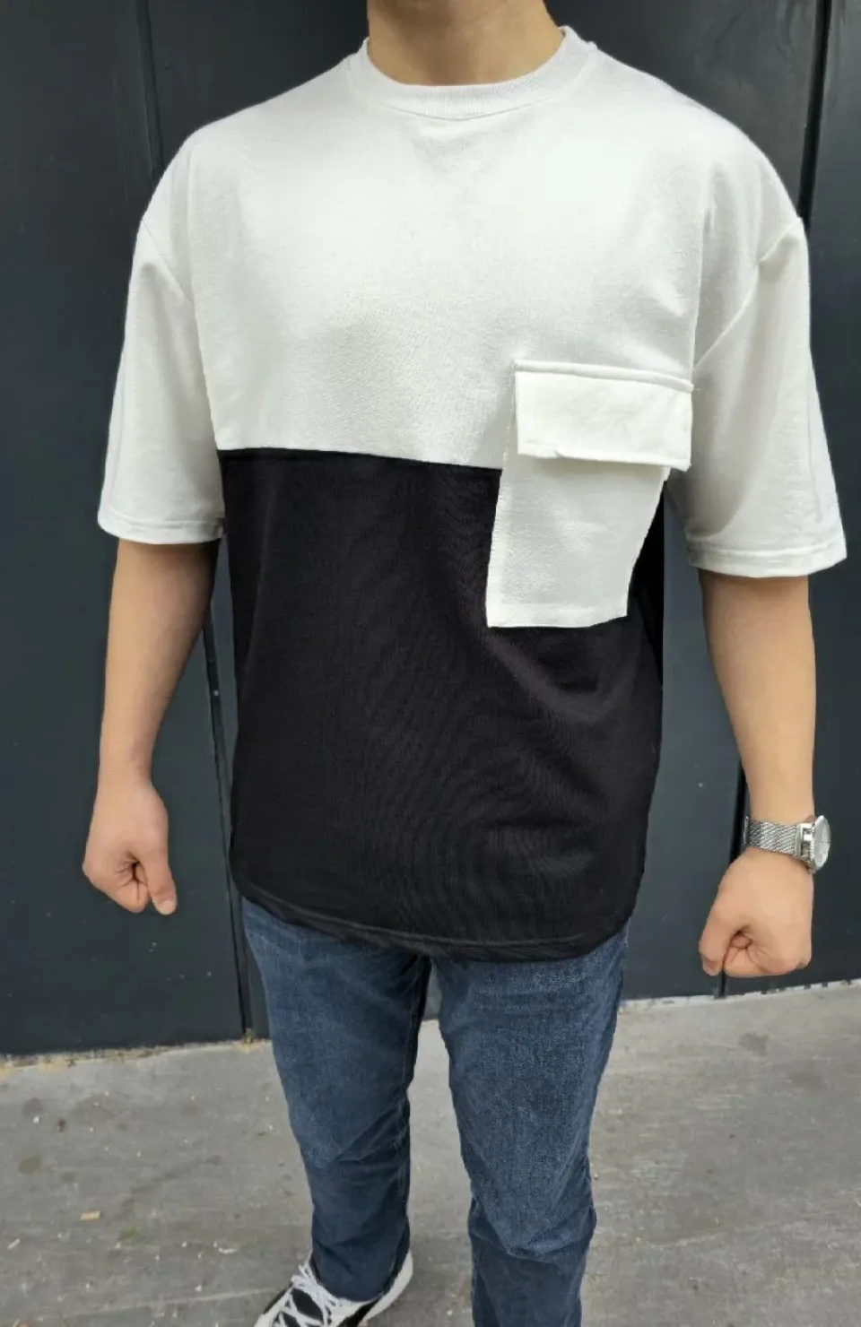 Unisex Torba Cep Detaylı Parçalı T-Shirt - Siyah