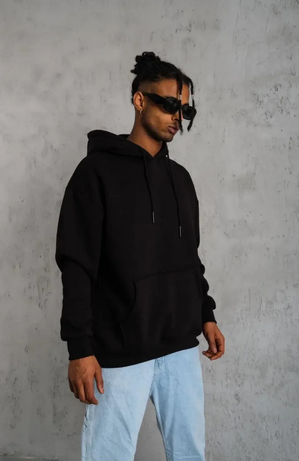 Erkek Düz Kapüşonlu Sweat - Siyah