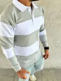 Erkek Polo Yaka Uzun Kollu Çizgili Sweatshirt Trend Rugby Stil - Mint Yeşili