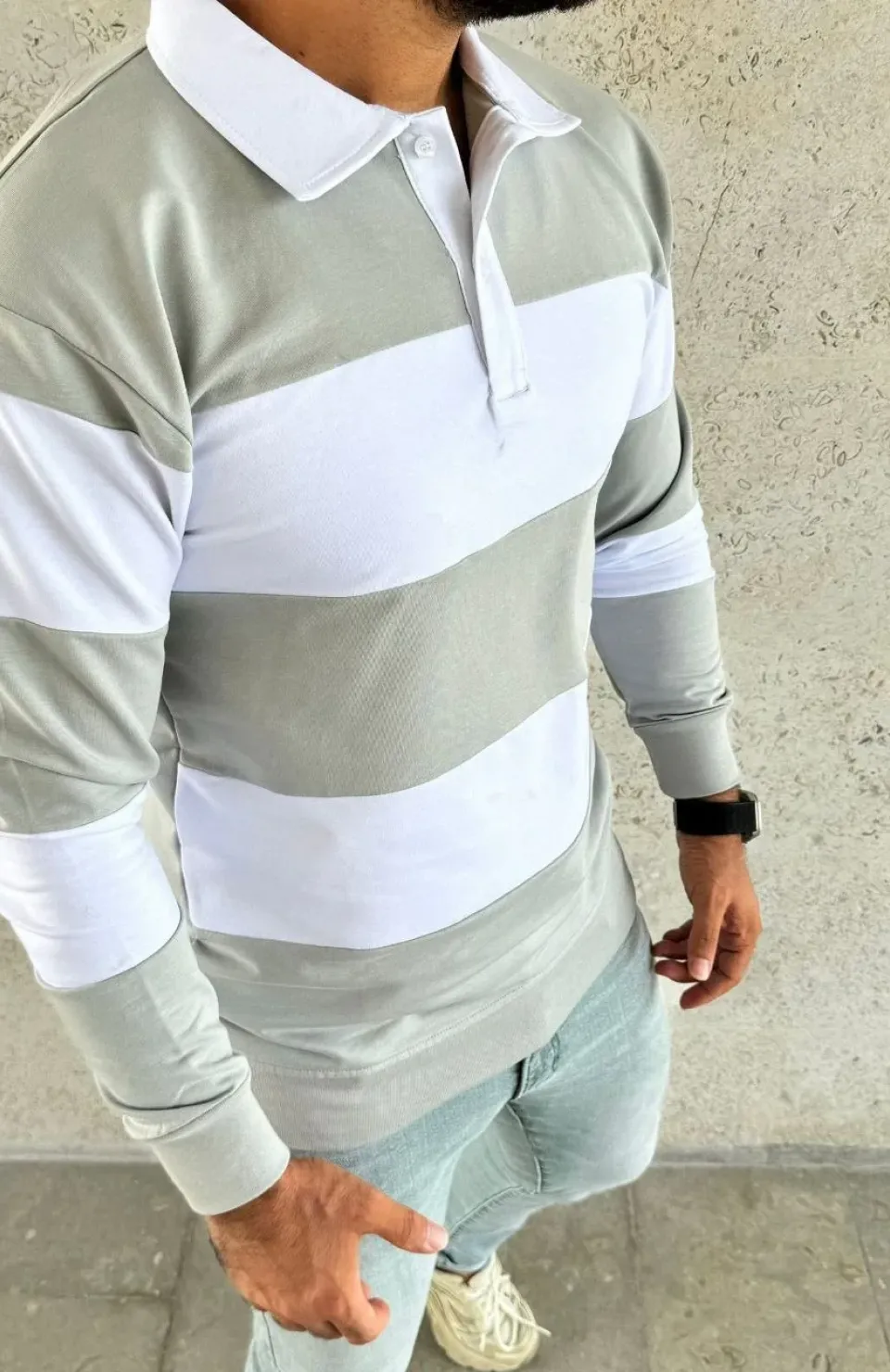 Erkek Polo Yaka Uzun Kollu Çizgili Sweatshirt Trend Rugby Stil - Mint Yeşili