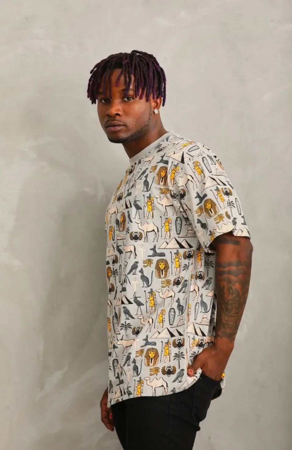 Unisex Oversize Baskılı Bisiklet Yaka T-Shirt - Gri