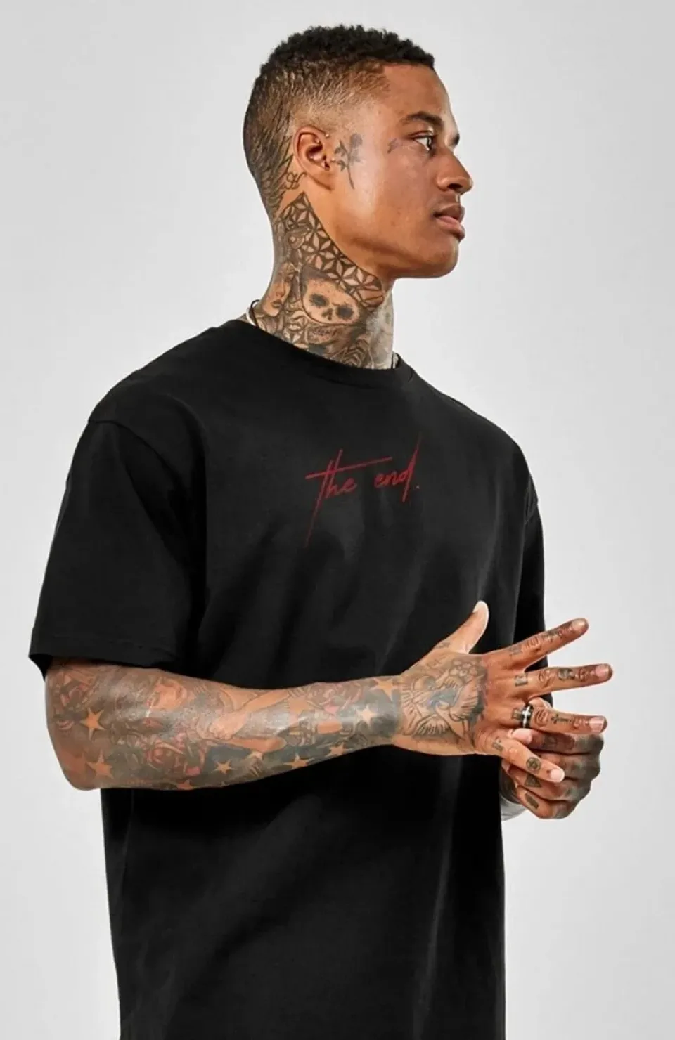 Unisex Baskılı Oversize T-Shirt - Siyah