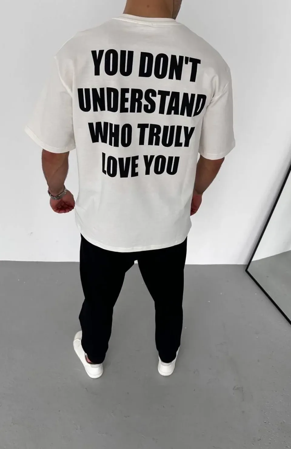 Unisex Bisiklet Yaka Baskılı Oversize T-Shirt - Beyaz