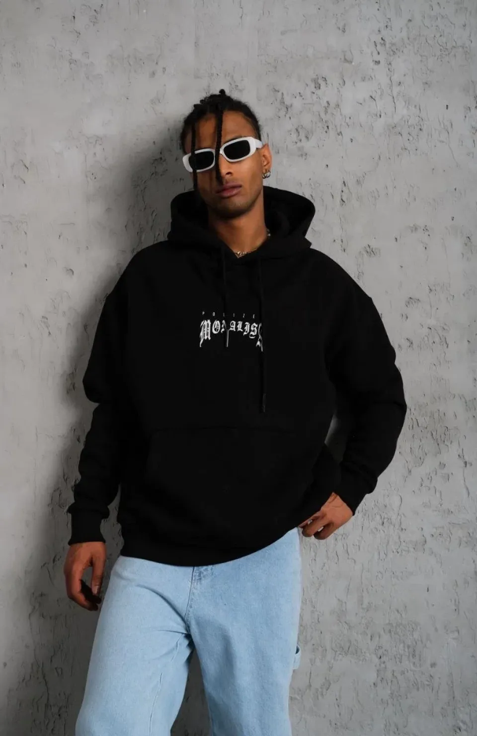 Erkek Baskılı Kapüşonlu ve Kanguru Cepli Sweat - Siyah