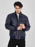 Erkek Fermuarlı İçten Elyaf ve Astarlı Suni Deri Ceket - Lacivert