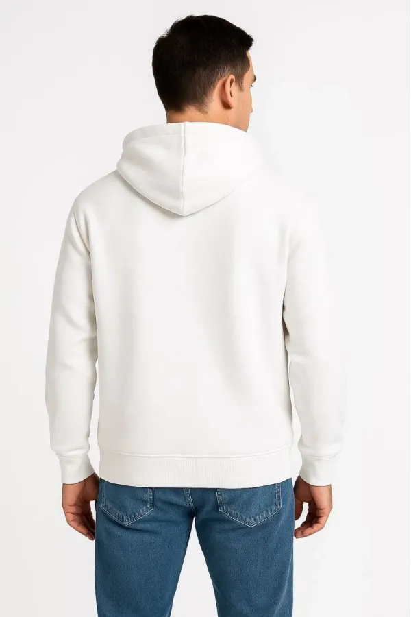 Erkek Üç İplik Kapüşonlu Tam Fermuarlı Kanguru Cepli SweatShirt Hoodie - Beyaz