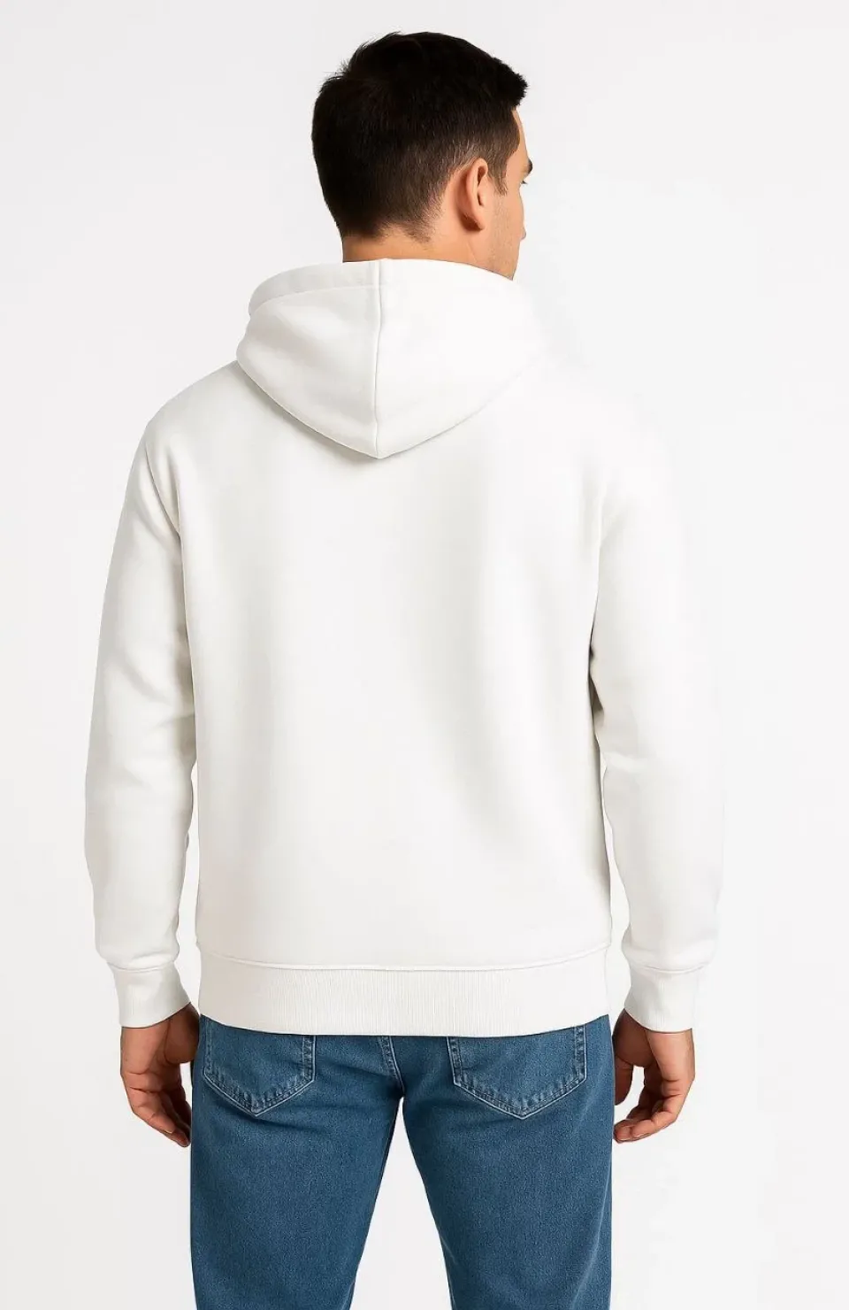 Erkek Üç İplik Kapüşonlu Tam Fermuarlı Kanguru Cepli SweatShirt Hoodie - Beyaz
