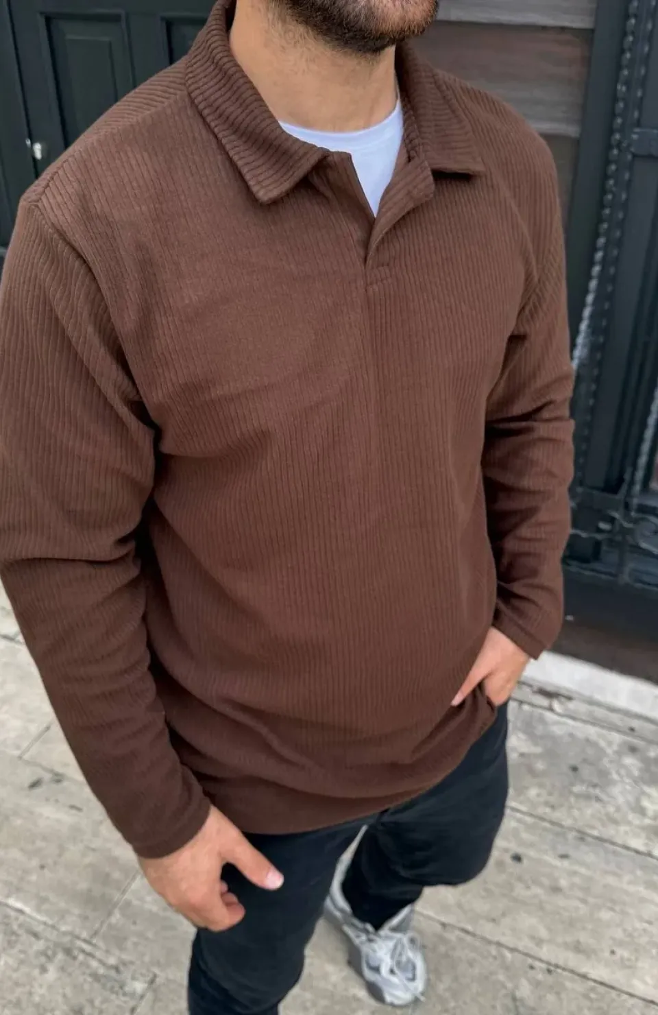 Erkek Fitilli Polar Sweatshirt – Düğmesiz Polo Yaka, Oversize Rahat Kalıp, Kalın Polar Kumaş, Kışlık ve Baharlık Şık Günlük Üst - Kahverengi Somersan Giyim | Kadın, Erkek ve Çocuk Moda