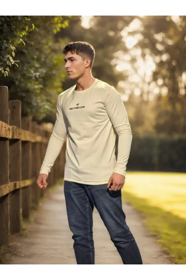 Unisex Bisiklet Yaka Uzun Kollu T-Shirt - Beyaz