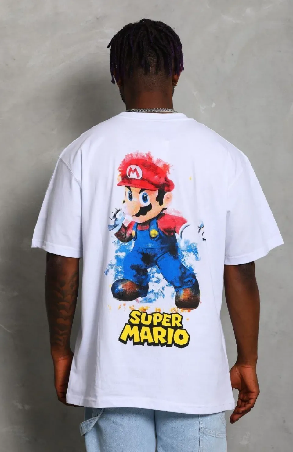 Unisex Oversize Baskılı Bisiklet Yaka T-Shirt - Beyaz