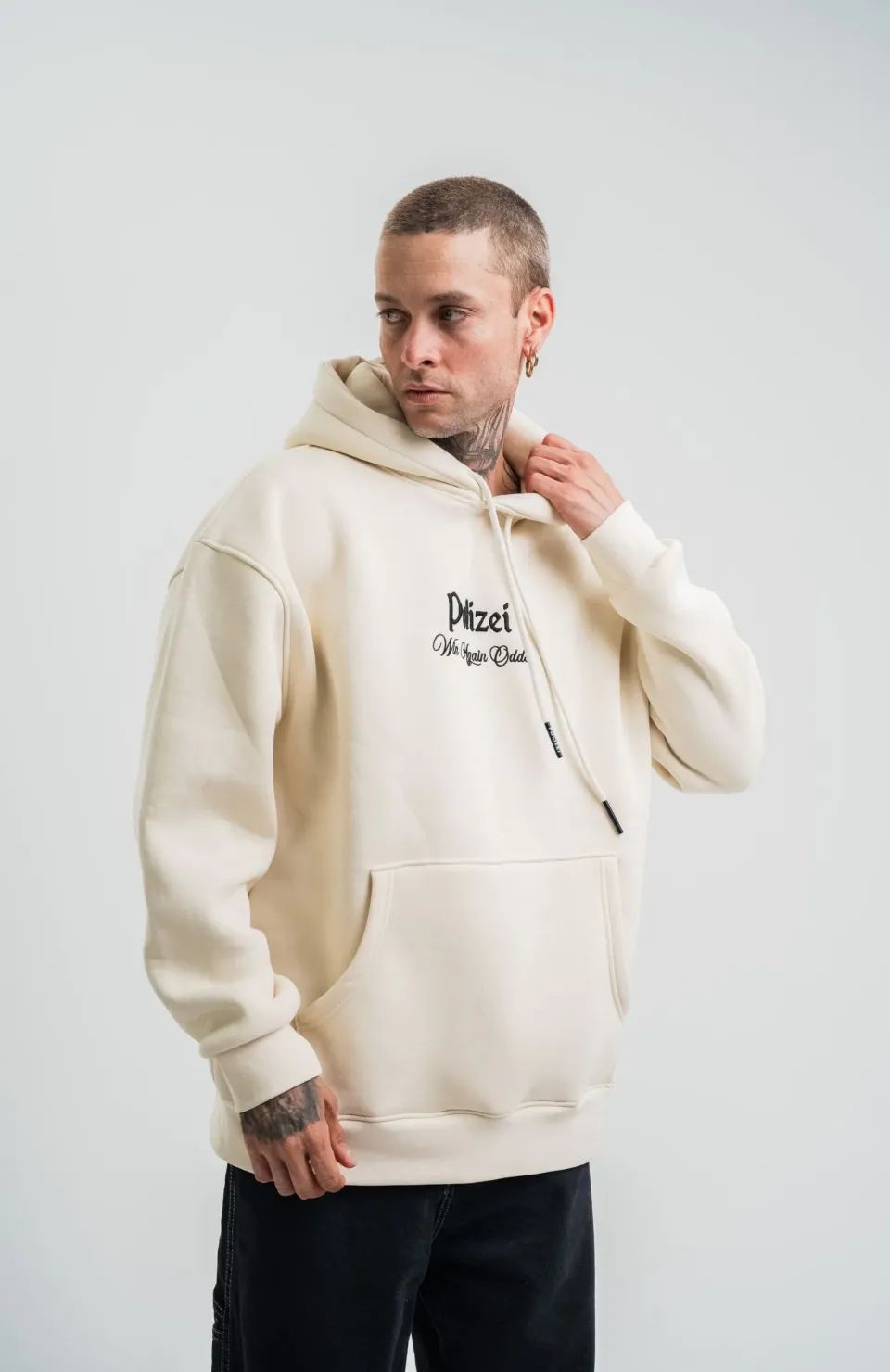 Üç İplik Kapşonlu Dijital Patchli SweatShirt - Krem