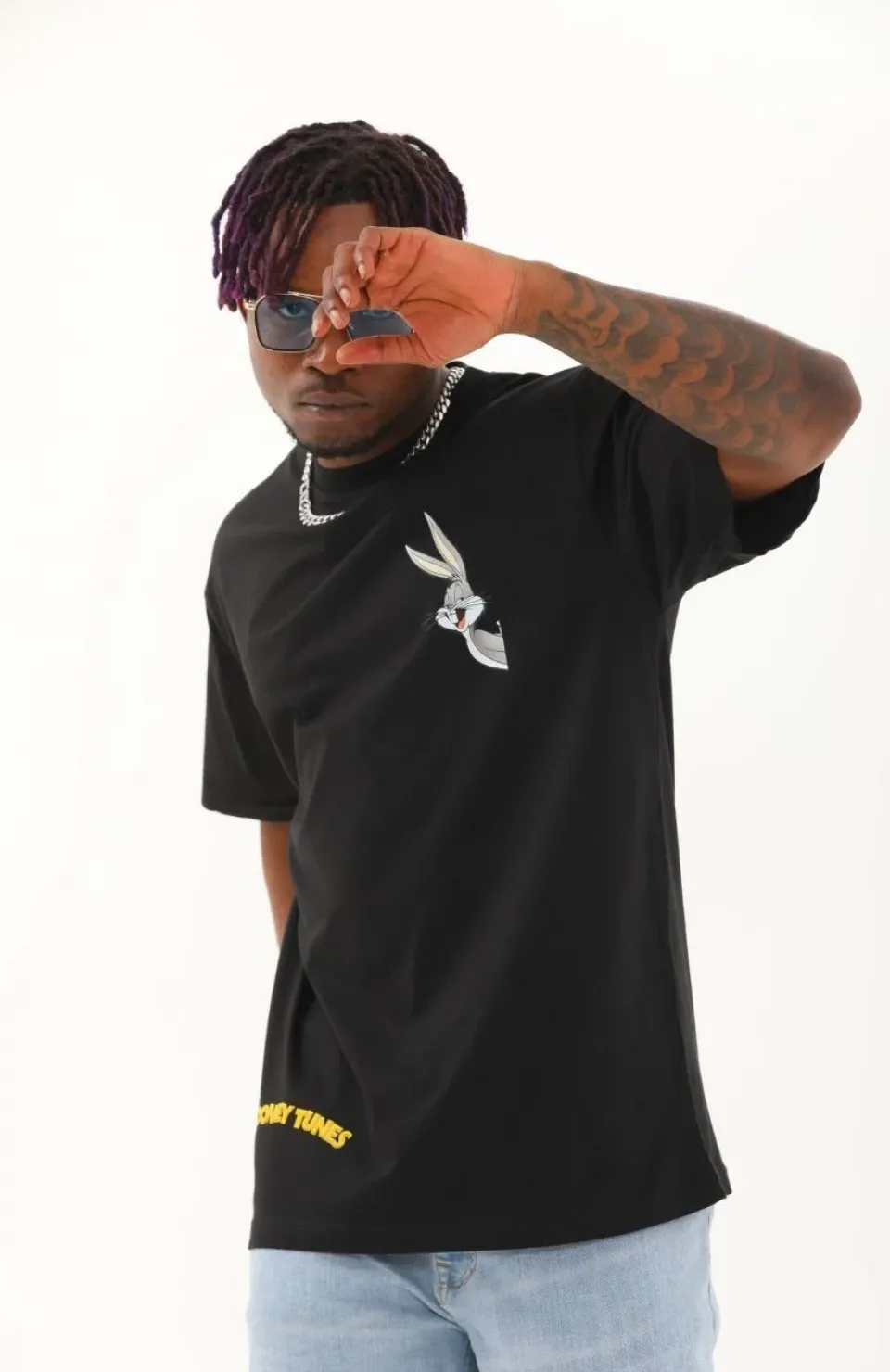 Unisex Oversize Baskılı Bisiklet Yaka T-Shirt - Siyah