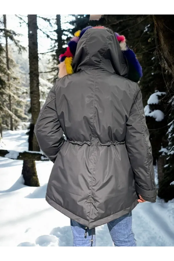 Kadın Su Geçirmez Kapüşonlu Mont - Füme