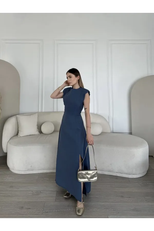 Keten Yandan Yırtmaçlı Uzun Elbise Sıfır Kol Elbise - Mavi