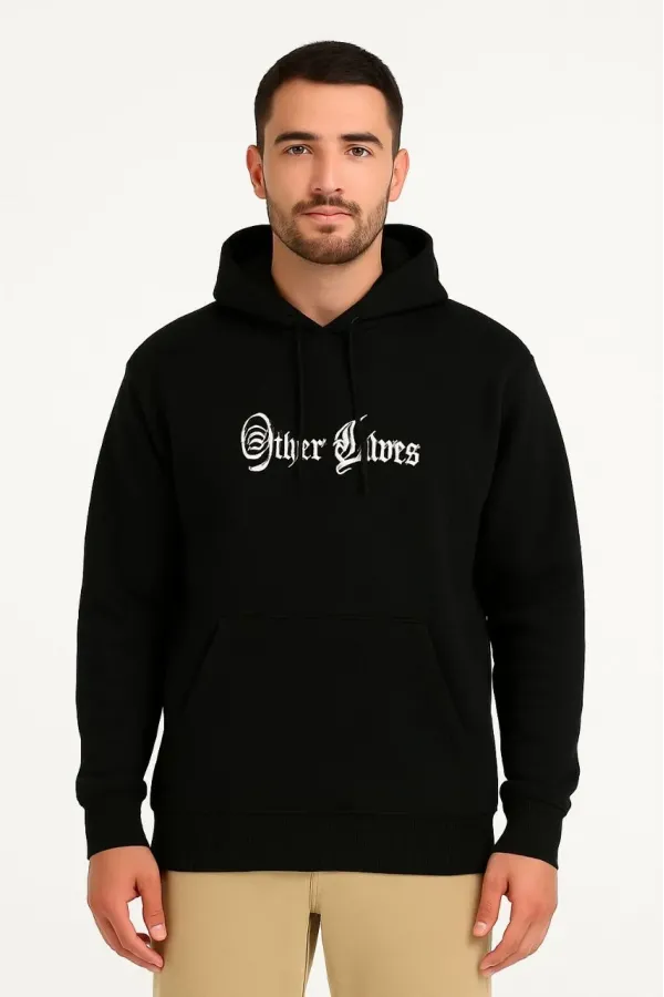 Erkek Kapşonlu Sweatshirt – Oversize Üç İplik Şardonlu Hoodie, “Other Lives” Ön & Arka Baskılı, Kanguru Cepli, Kışlık Rahat Günlük Stil - Siyah