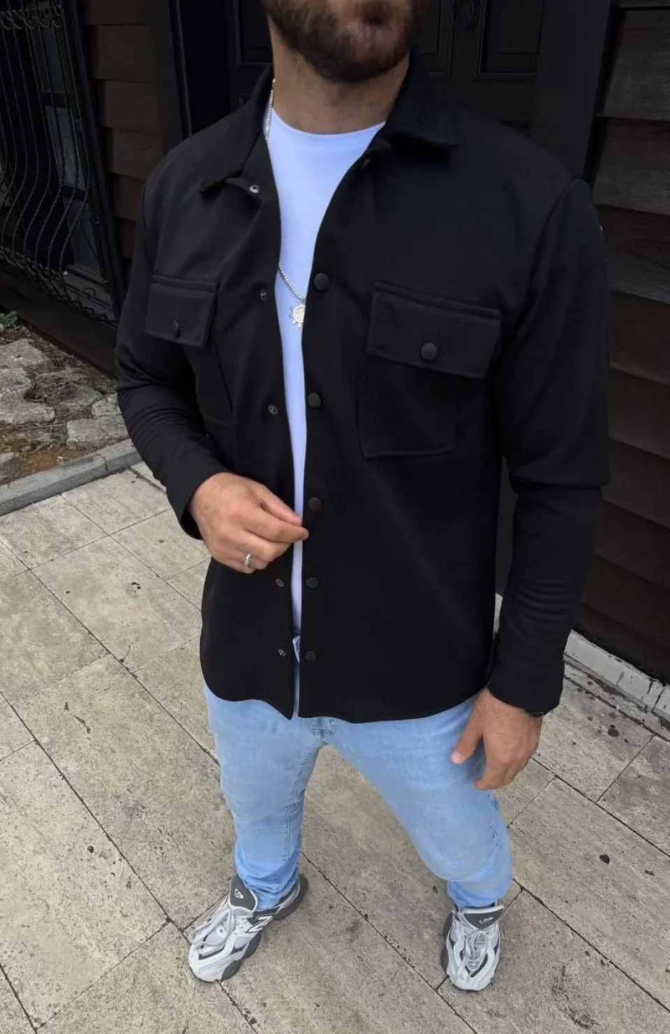 Erkek Diagonal Kumaş Cepli Çıtçıtlı uzun Kollu, Gömlek Oversize Rahat Kalıp Günlük Şık Stil - Siyah