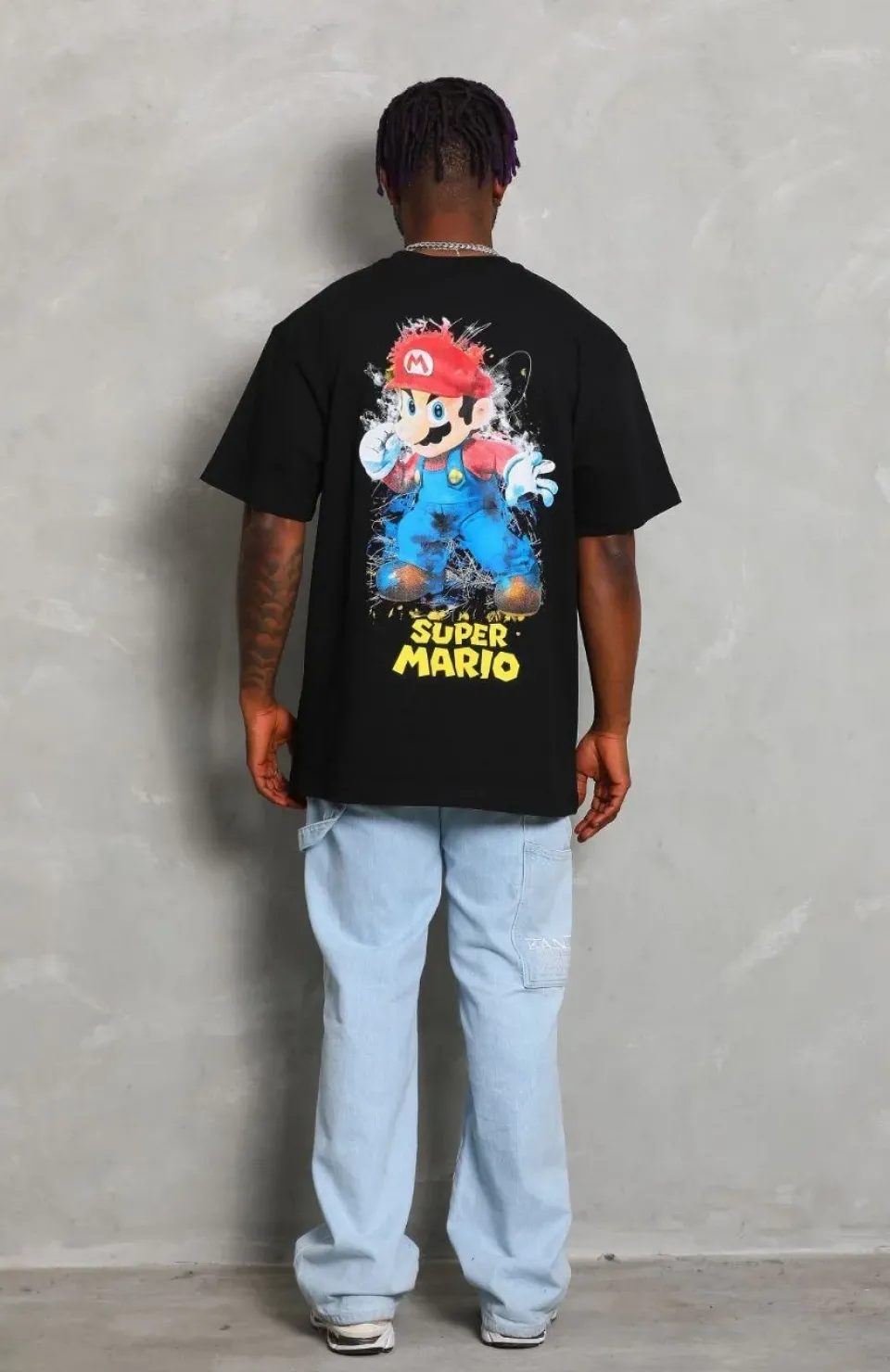 Unisex Oversize Baskılı Bisiklet Yaka T-Shirt - Siyah