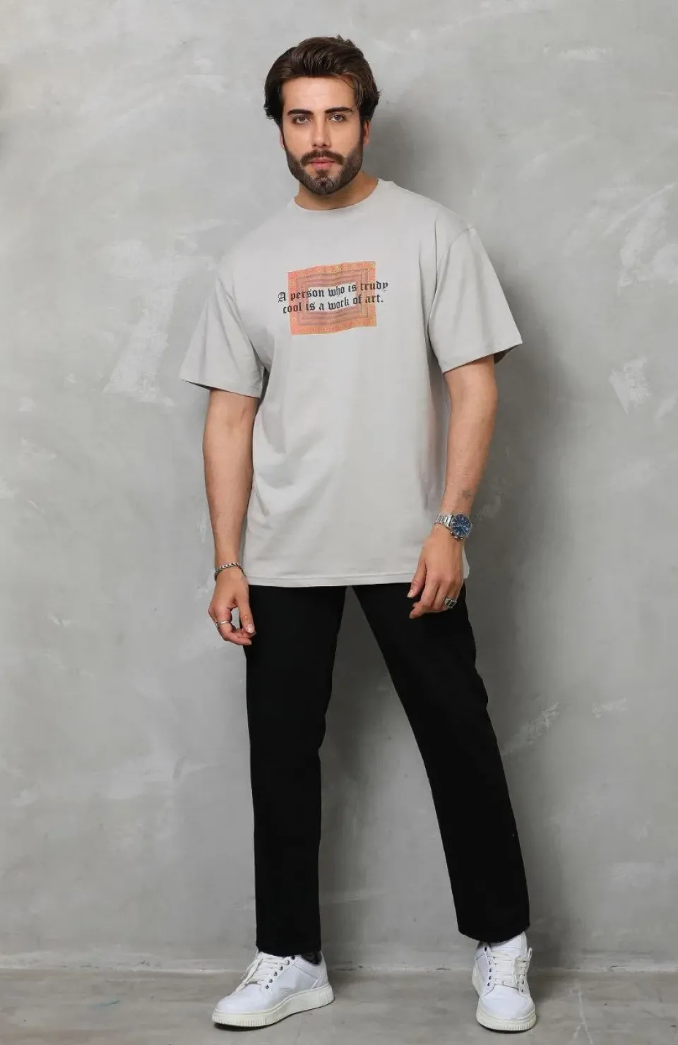 Unisex Bisiklet Yaka Baskılı Oversize T-Shirt - Gri