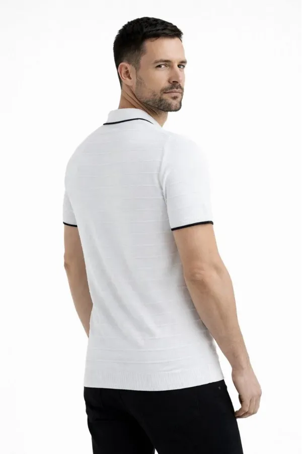 Erkek Triko Kumaş Yakalı Düğmesiz Açık Yaka Fitilli Kısa Kollu Regular Fit Tişört T-shirt - Beyaz