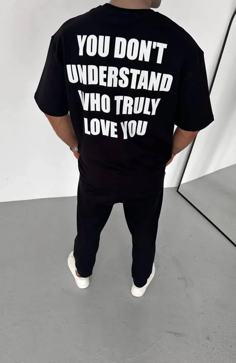 Unisex Bisiklet Yaka Baskılı Oversize T-Shirt - Siyah