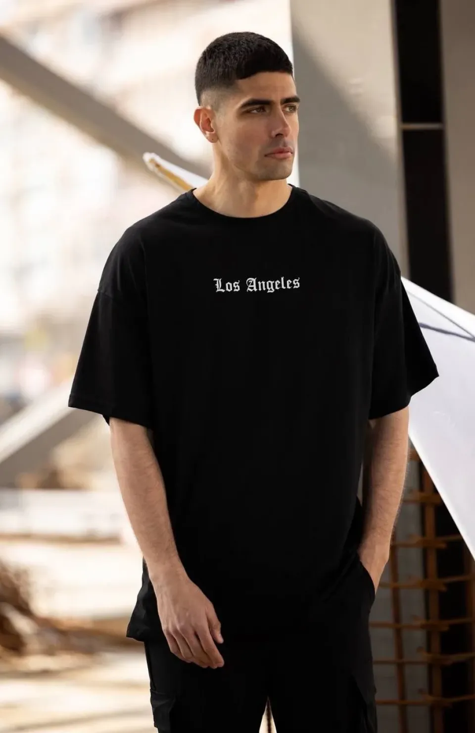 Unisex Bisiklet Yaka Baskılı Oversize T-Shirt - Siyah