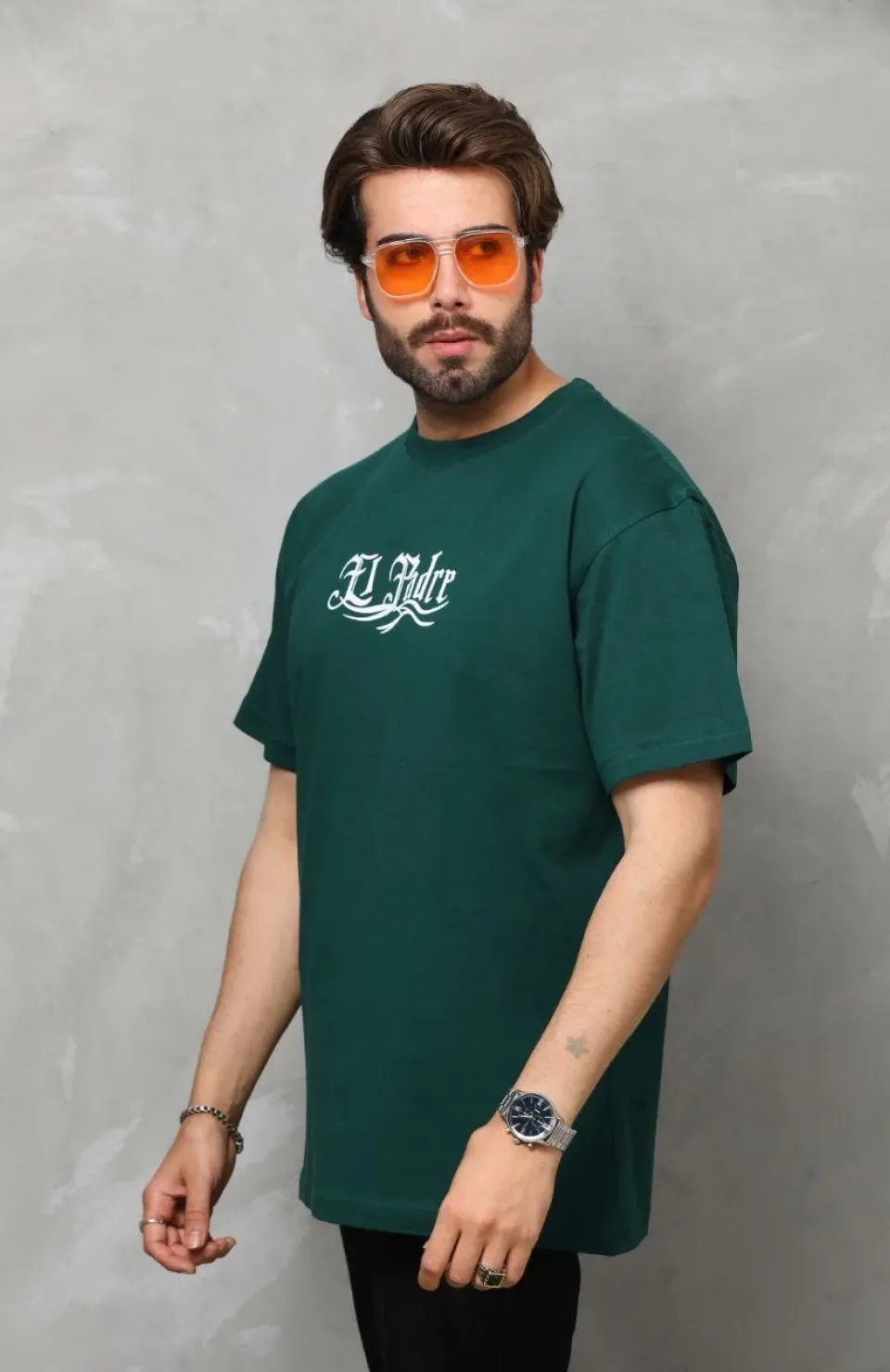 Unisex Bisiklet Yaka Baskılı Oversize T-Shirt - Yeşil