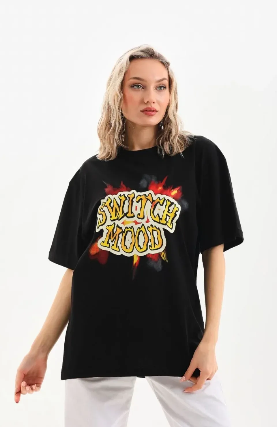 Unisex Baskılı Oversize T-Shirt - Siyah