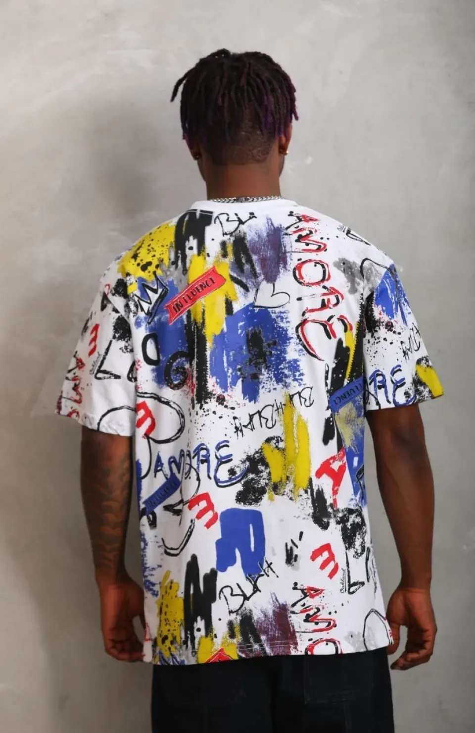 Unisex Oversize Baskılı Bisiklet Yaka T-Shirt - Beyaz