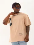 Unisex Oversize Baskılı Bisiklet Yaka T-Shirt - Bej
