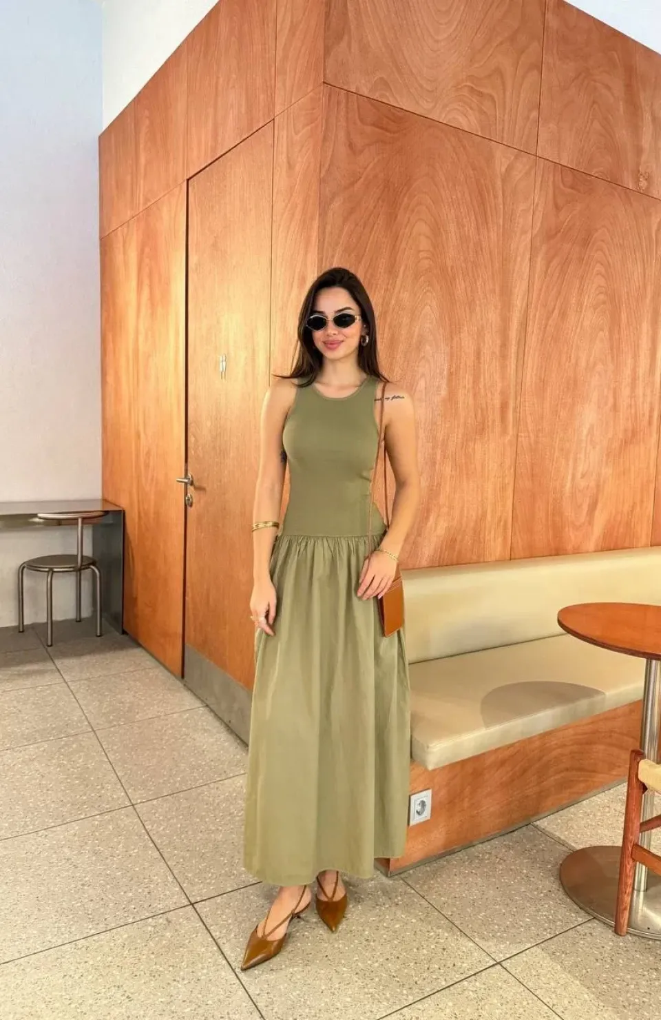 Kolsuz Uzun Elbise - Haki