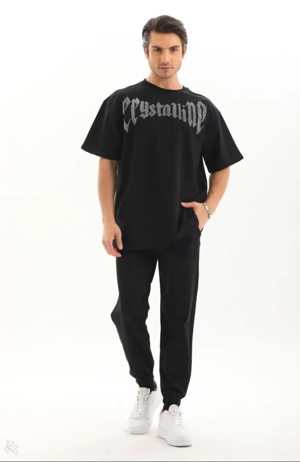 Unisex Oversize Taşlı T-Shirt - Siyah