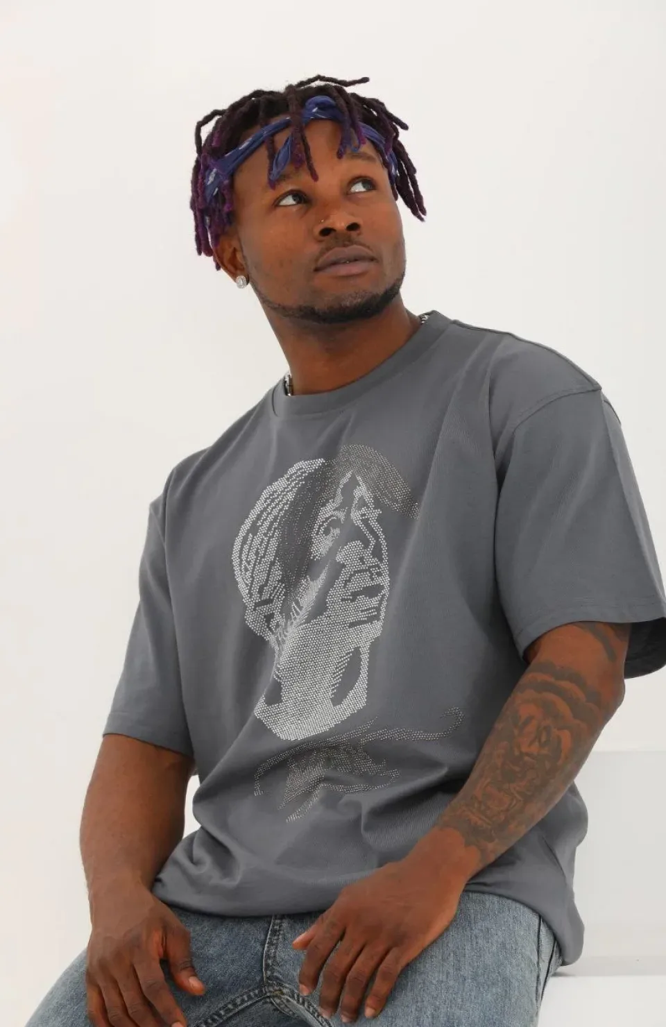 Unisex Oversize Taşlı Bisiklet Yaka T-Shirt - Füme