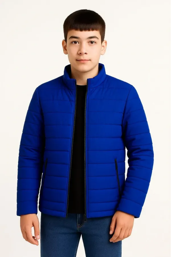 Erkek Çocuk Şişme Mont Hafif ve Sıcak Tutucu Kışlık Fermuarlı Su İtici Rahat Günlük Mont Kapüşonuz Modern Tasarım - Saks Mavisi