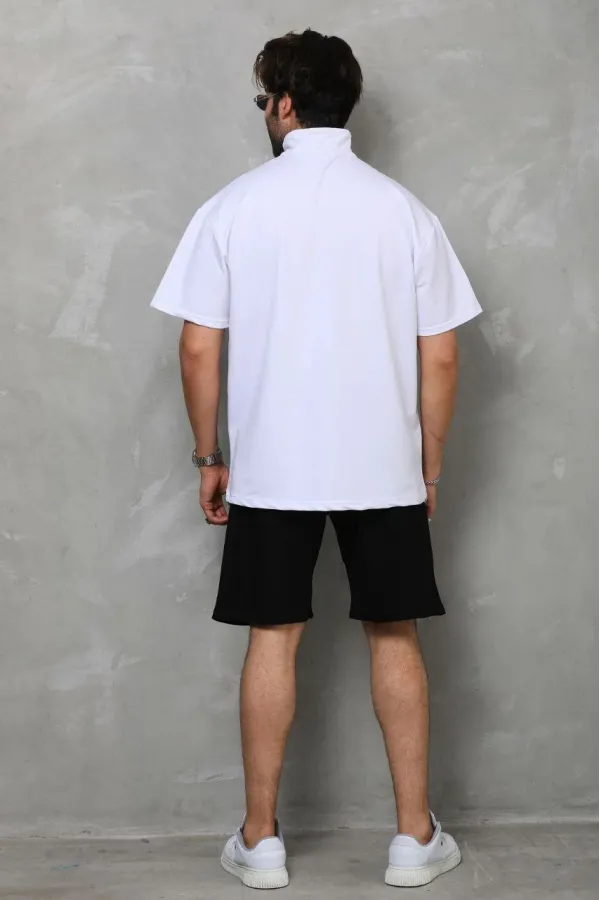 Unisex Yarım Fermuarlı Düz Oversize T-shirt - Beyaz