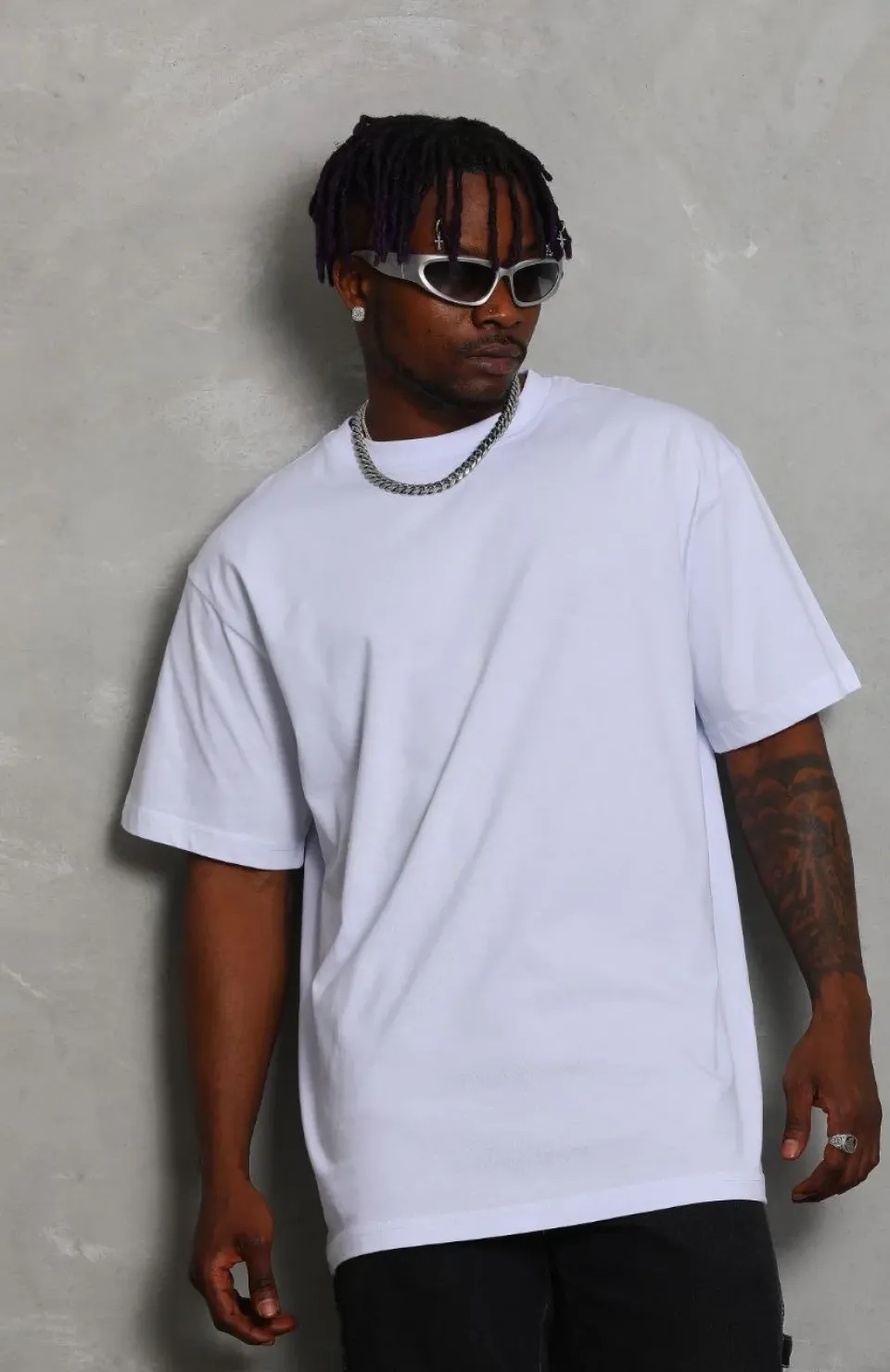 Unisex Oversize Düz Bisiklet Yaka T-Shirt - Beyaz