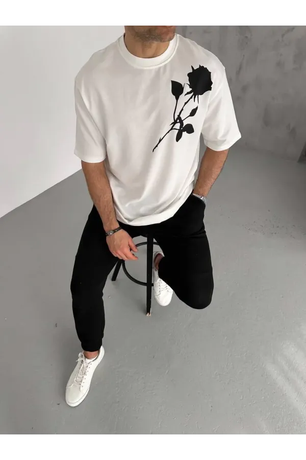 Unisex Bisiklet Yaka Baskılı Oversize T-Shirt - Beyaz