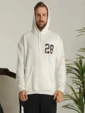 Erkek Oversize Üç İplik Kapüşonlu Sweatshirt –Sırt ve Ön Baskılı, Kanguru Cepli, Rahat Kalıp Maskot Desenli Model - Siyah Beyaz