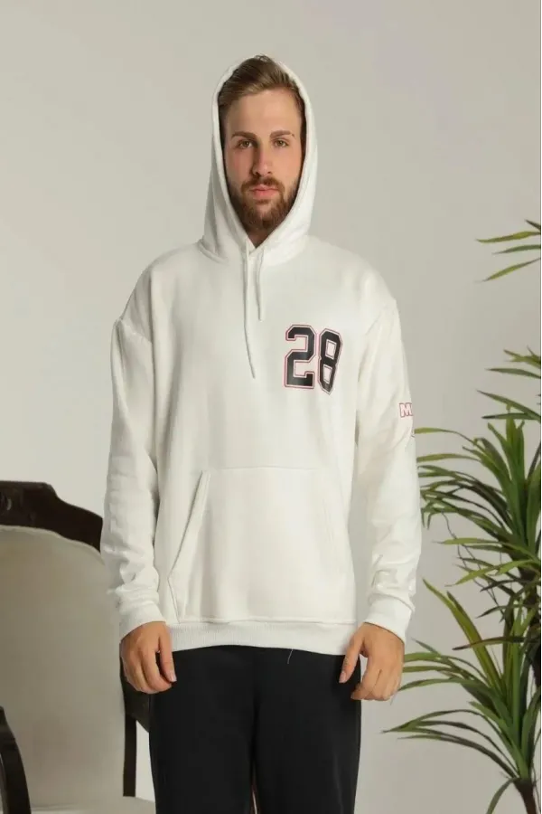 Erkek Oversize Üç İplik Kapüşonlu Sweatshirt –Sırt ve Ön Baskılı, Kanguru Cepli, Rahat Kalıp Maskot Desenli Model - Siyah Beyaz