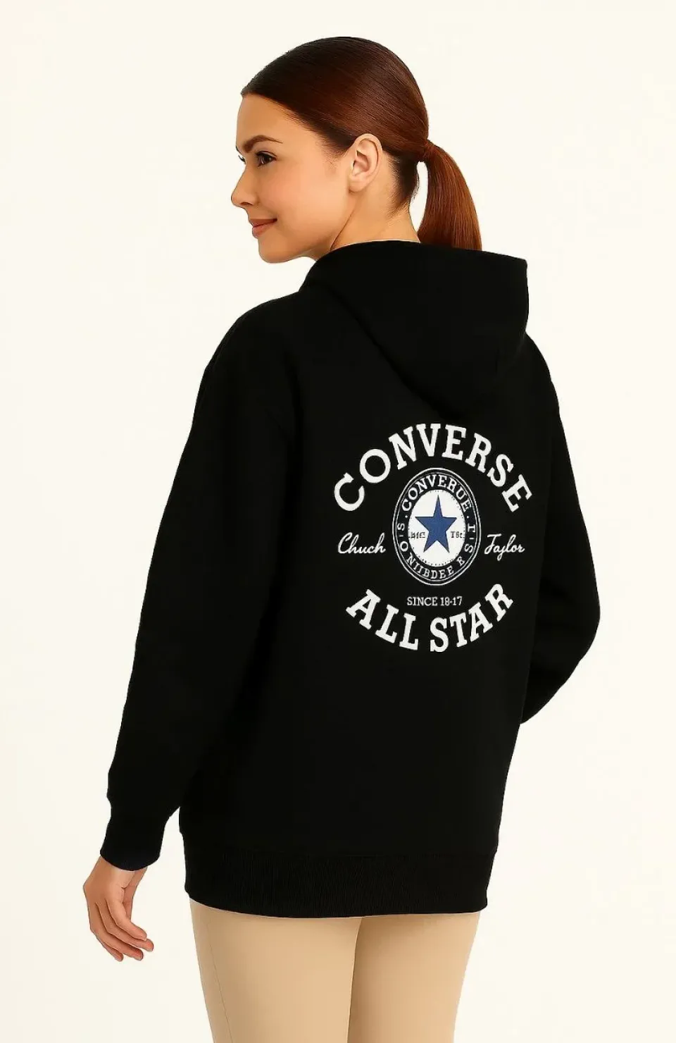 Kadın Kapşonlu Sweatshirt – Üç İplik Şardonlu Kumaş, Oversize Fit, Ön & Arka Baskılı, Kanguru Cepli, Kışlık Rahat Hoodie- Siyah