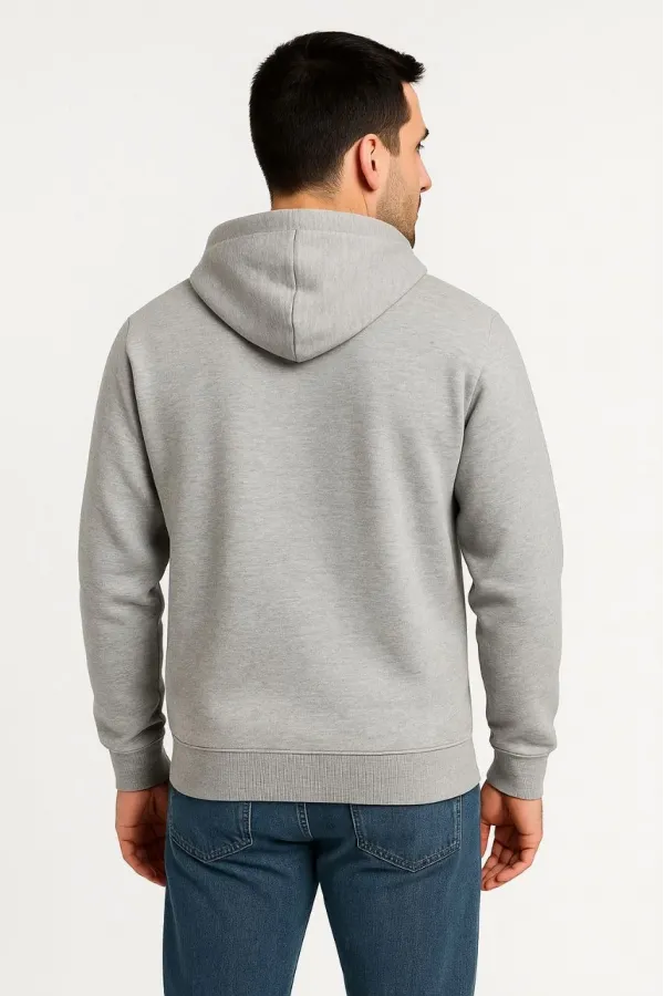 Erkek Üç İplik Kapüşonlu Tam Fermuarlı Kanguru Çepli SweatShirt Hoodie - Gri