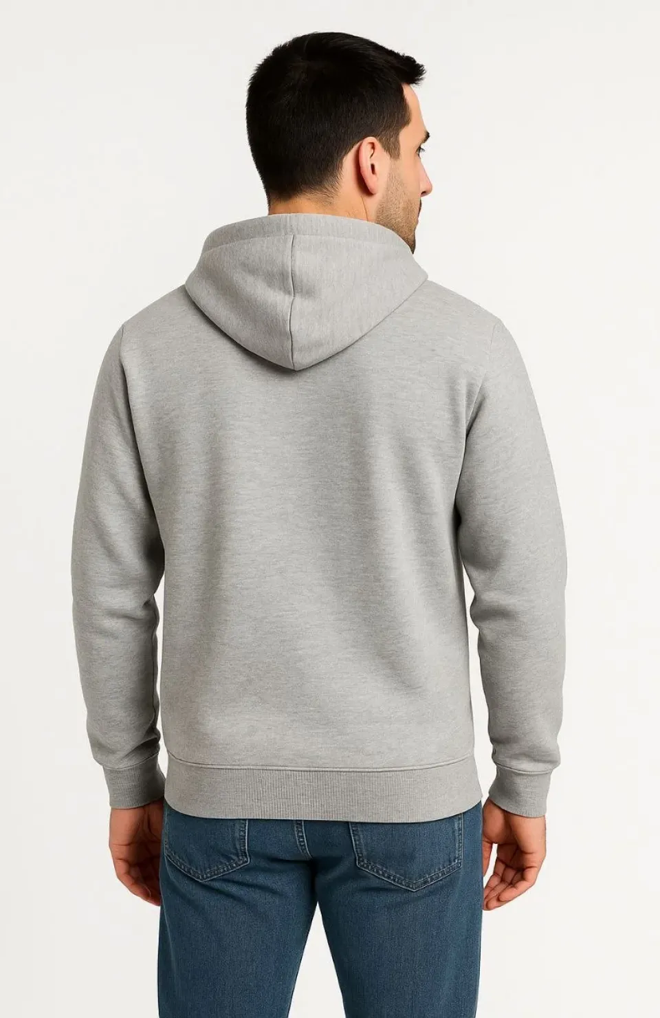Erkek Üç İplik Kapüşonlu Tam Fermuarlı Kanguru Çepli SweatShirt Hoodie - Gri