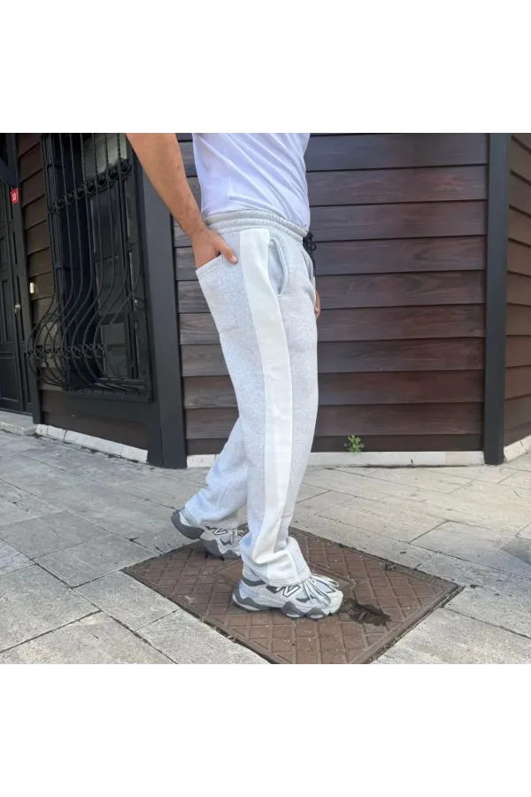 Erkek Üç İplik Kışlık Pamuklu Yandan Garneli Kalın Bej Şeritli Cepli Eşofman Altı - Gri